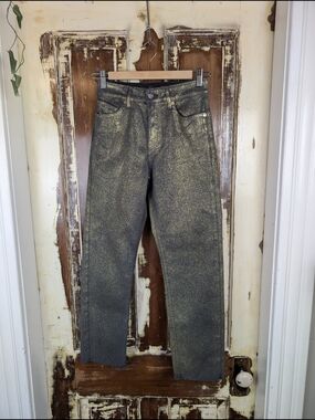Own Gold Metallic Skinny Jeans Made in Turkey Raw Hem 25 Sparkle Party Denim